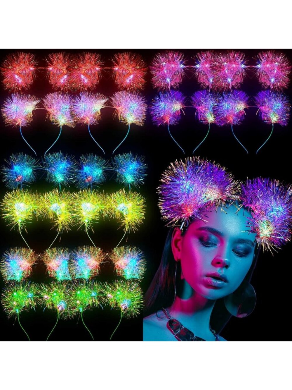 Color Changing LED Cat Ears Headband - 16 Pcs Light Up Accessories for Parties